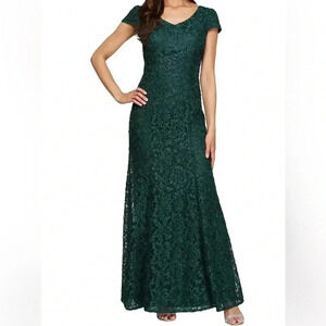 NWT ALEX EVENINGS Long V-Neck Fit & Flare Cap Sleeve Corded Lace Gown| Size 12